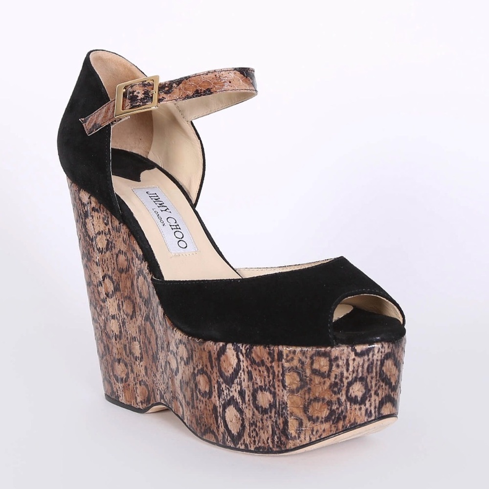 Jimmy Choo Black and Tan Animal Print Wedges